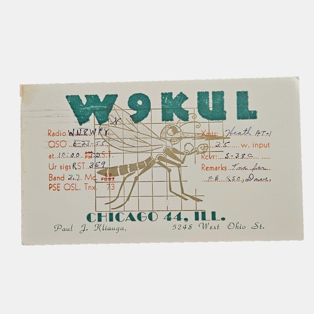 1955‎ W9KUL Chicago Illinois Ham Amateur Radio QSL Cards Postcard VTG Ephemera